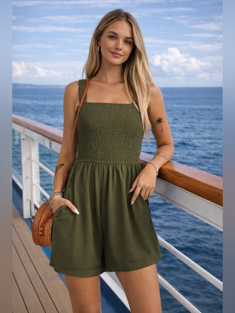 Olive Green Romper Size M Smocked Bodice Wide Leg Shorts Pockets